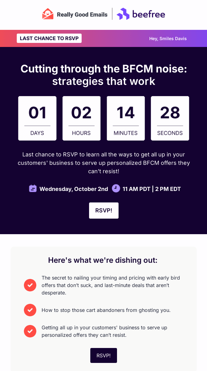 Email promotion for a BFCM marketing webinar with countdown timer showing days, hours, minutes, and seconds, inviting subscribers to RSVP for an event about cutting through Black Friday and Cyber Monday marketing noise.